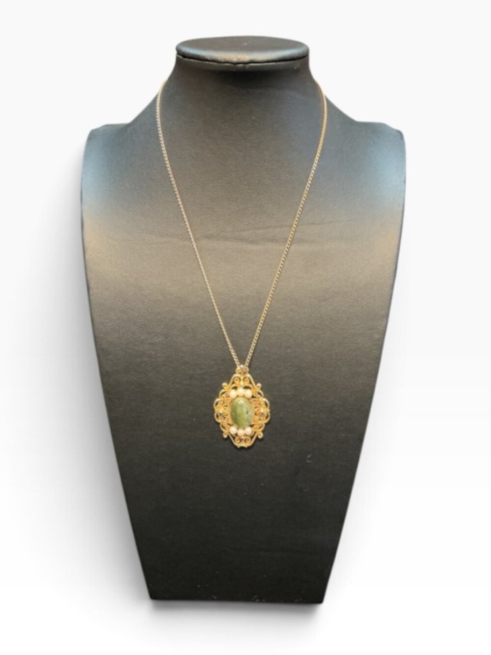 Vintage Gold Tone Filigree Green Cabochon Faux Pearl Pendant Necklace Ornate